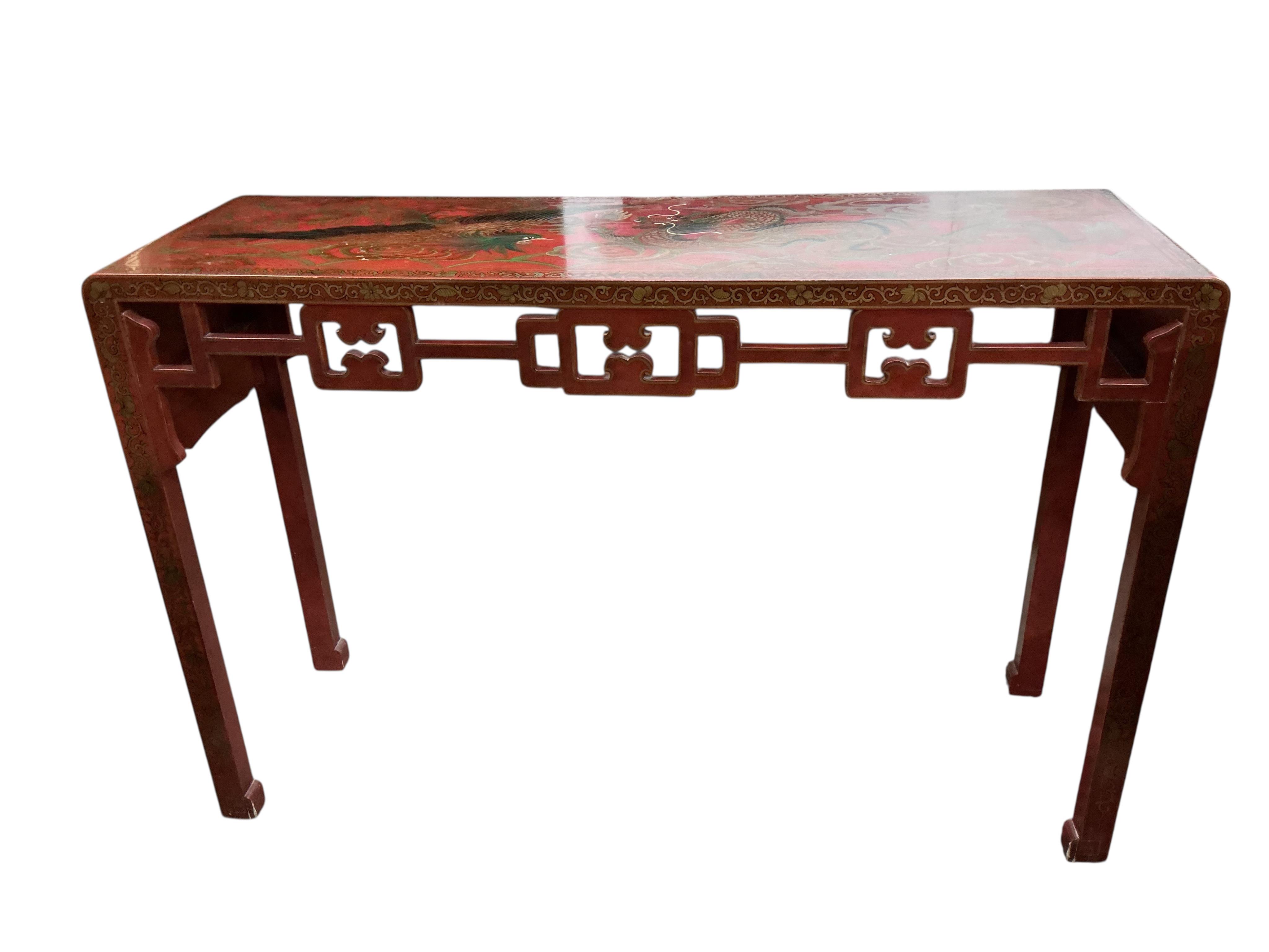 A Chinese scarlet lacquer altar table, width 138cm, depth 43cm, height 92cm